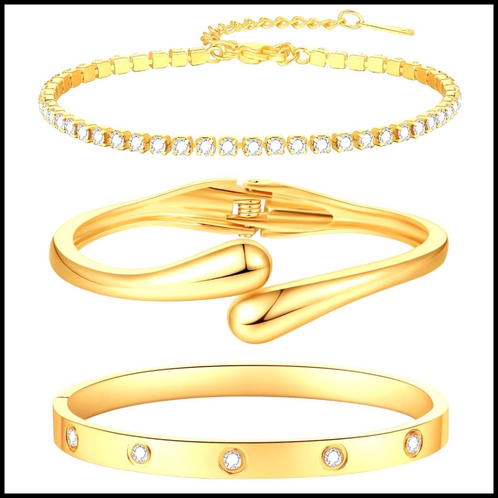 Gold-Plated Bracelet Set Stackable Adjustable Cuf… - image 1